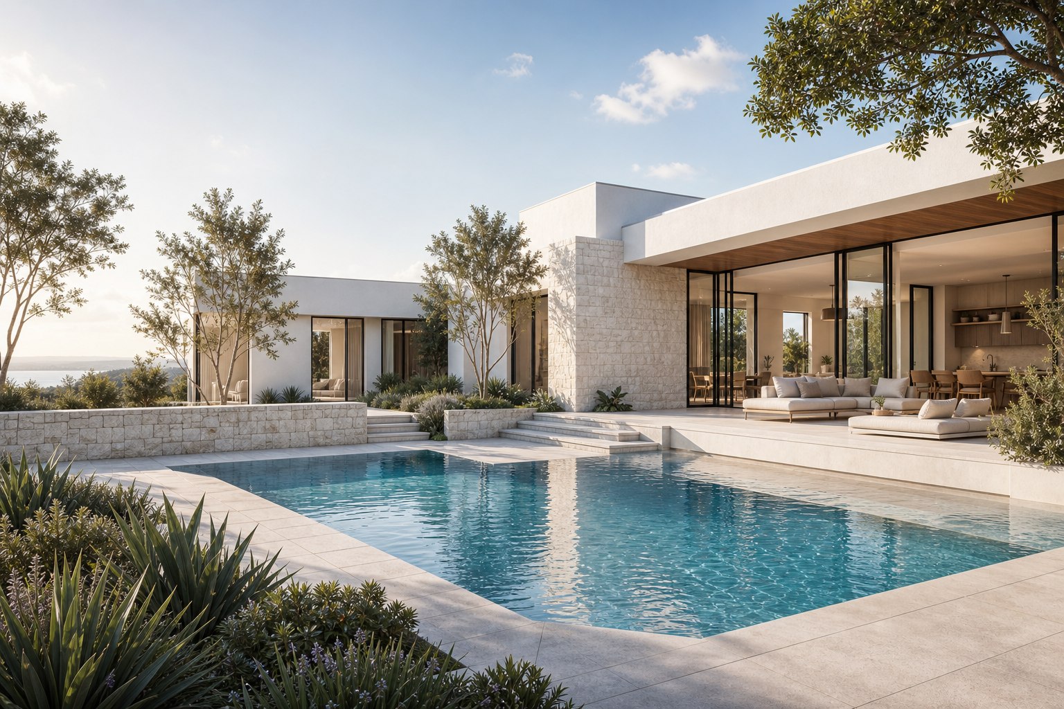 Coastal residence pool terrace in warm daylight