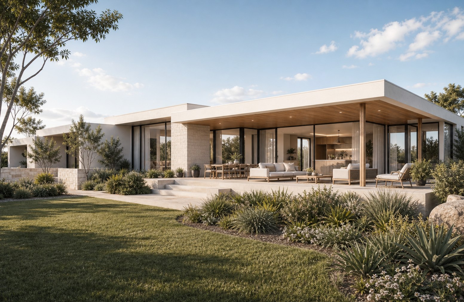 Wide landscaped exterior of a pavilion-style family residence