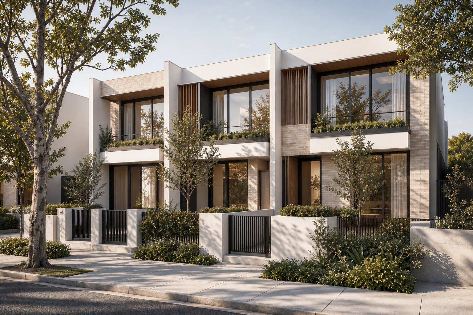 Detailed townhouse facade and landscaped front boundaries