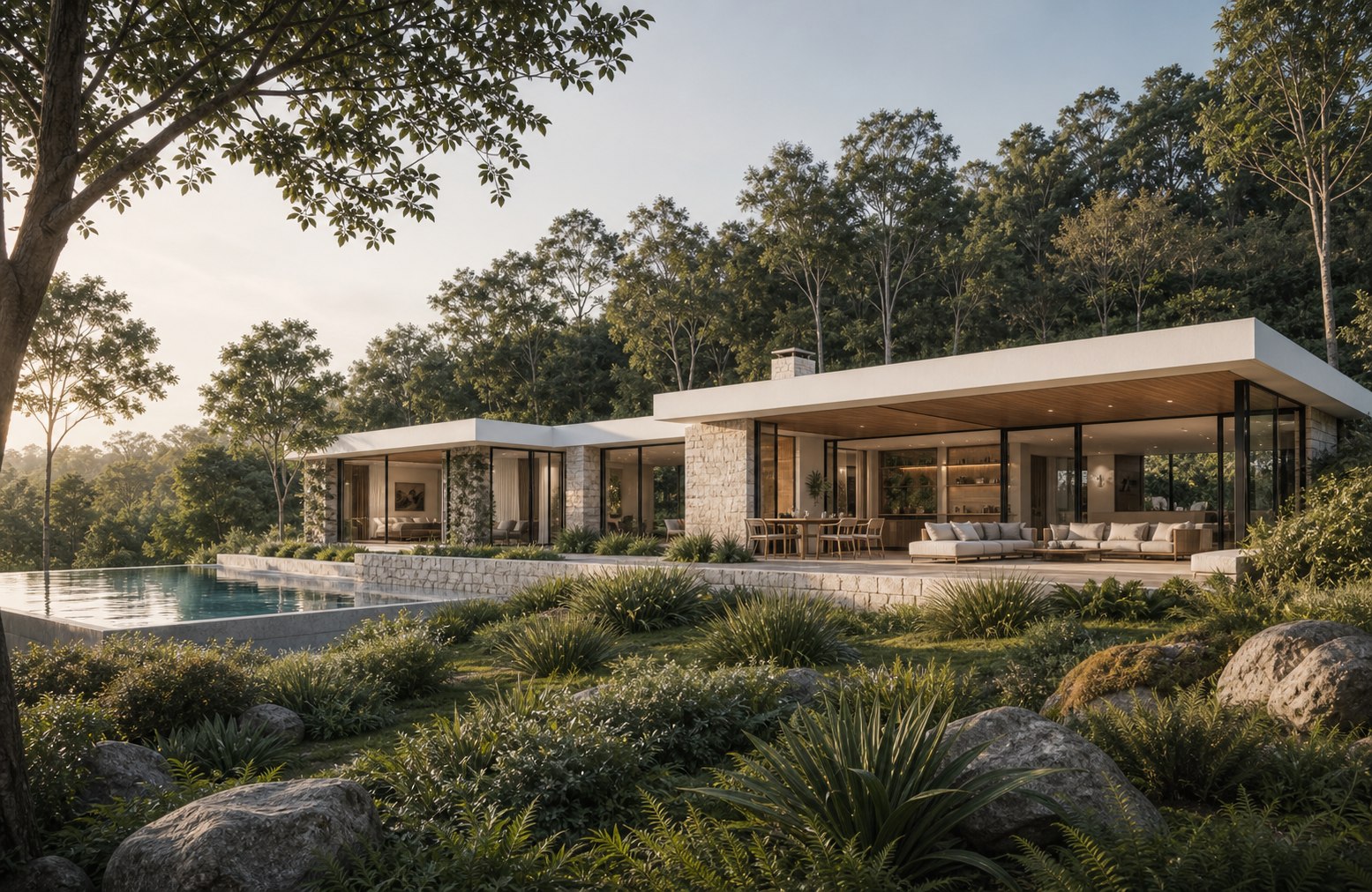 Modern pavilion residence and pool set within dense natural landscape