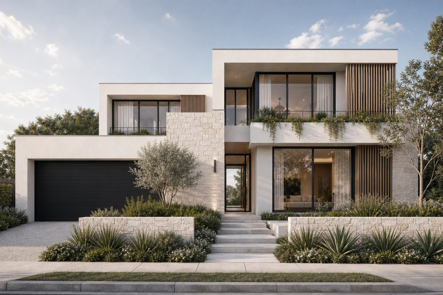 Wide exterior of a contemporary residence with layered pale stone and timber