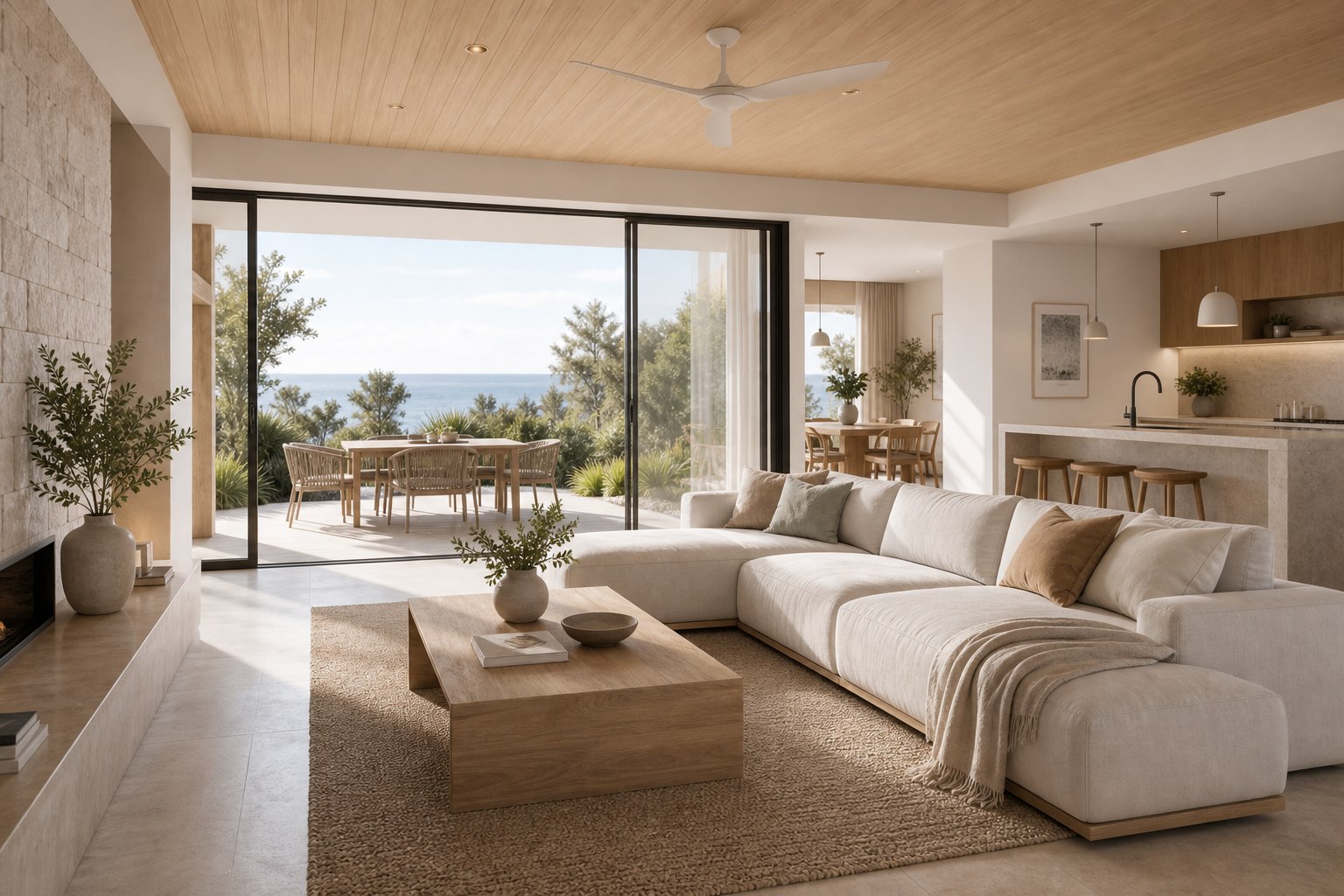 Neutral coastal living room with ocean outlook and adjacent kitchen