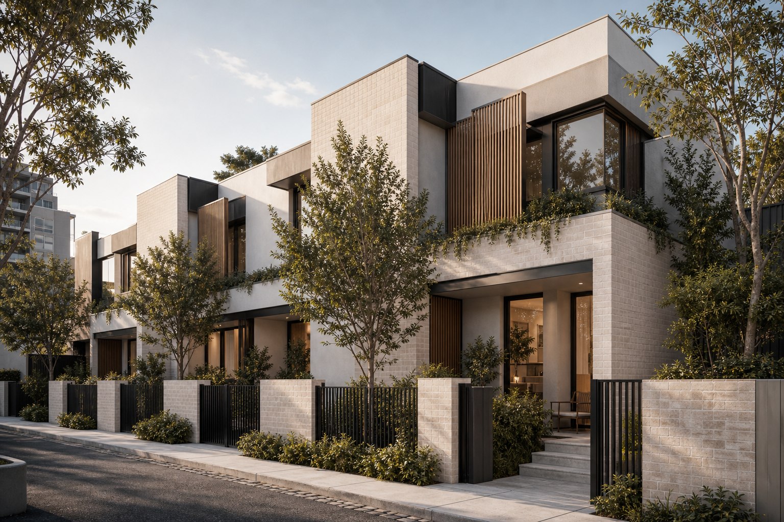 Urban terrace residences and landscaped front boundaries in daylight