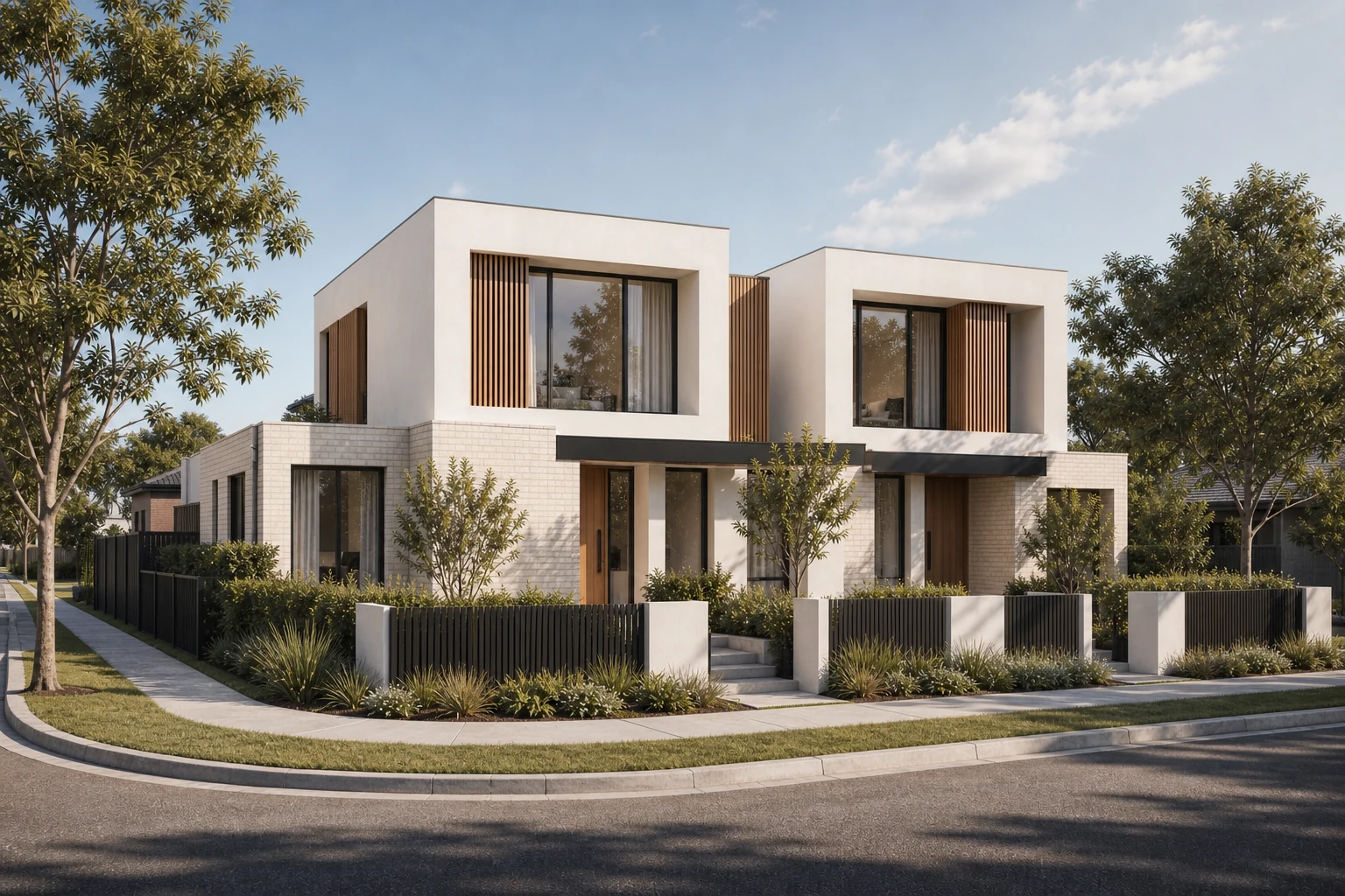 Contemporary duplex on a landscaped residential street corner