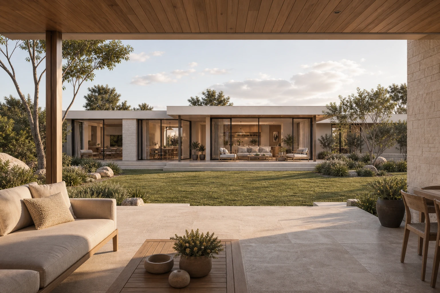 Sheltered alfresco terrace looking across a lawn to a family residence