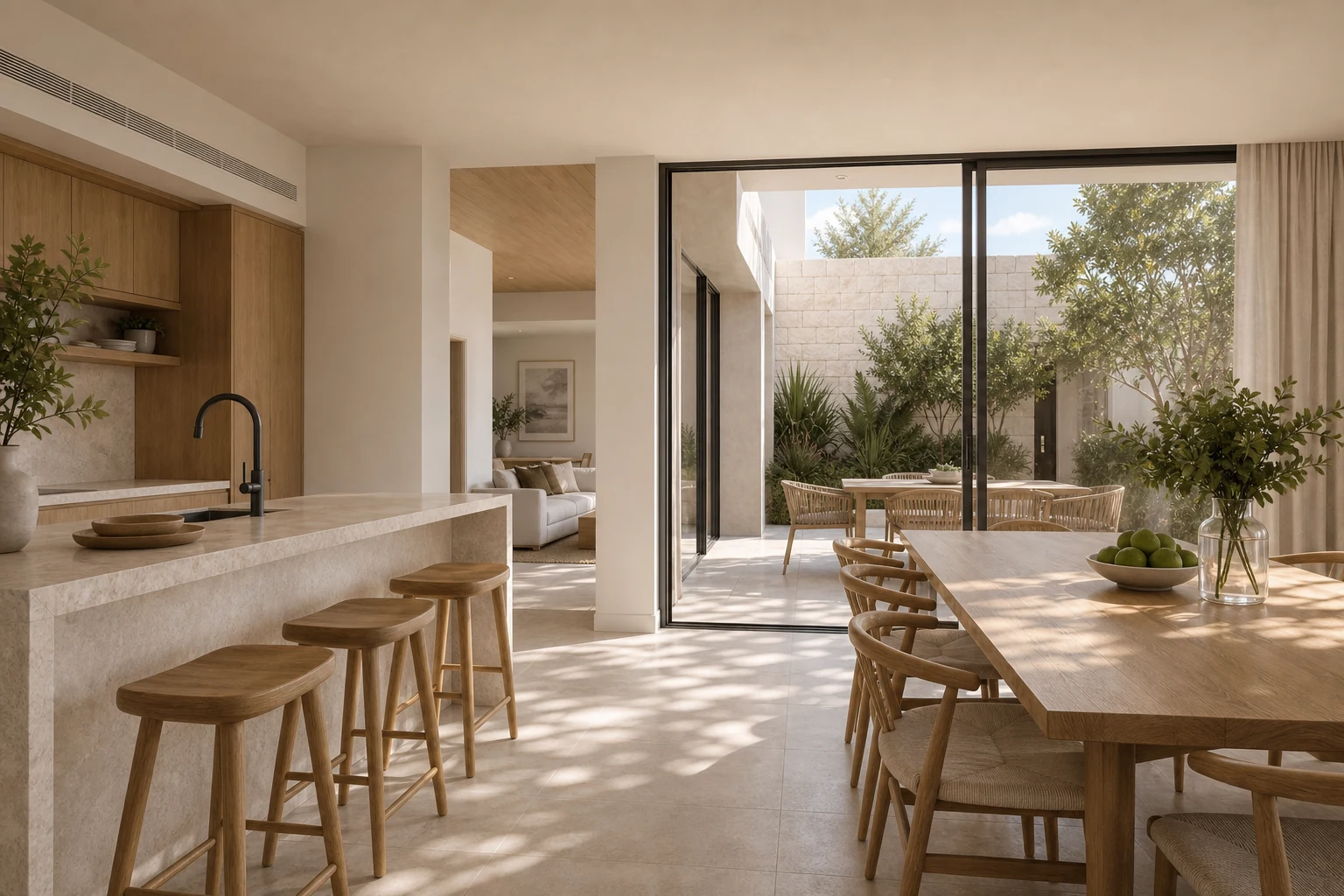 Warm oak kitchen and dining space opening onto a landscaped courtyard