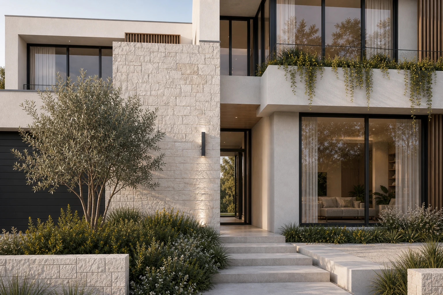 Close view of a residential entry with pale stone, render and timber screening