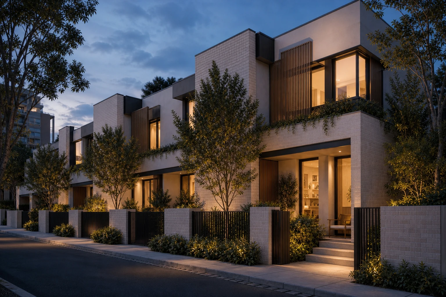 Urban terrace residences with warm interiors at blue hour